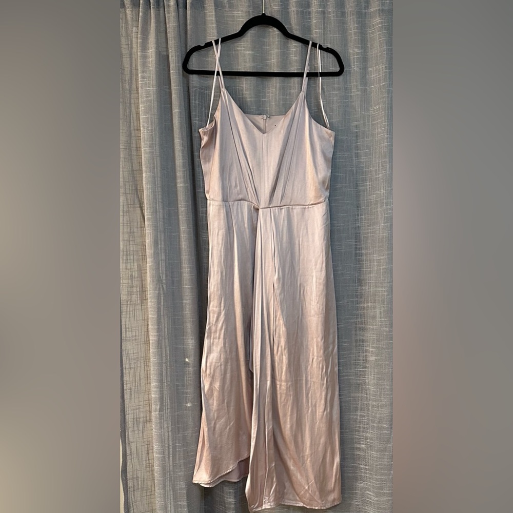 EXPRESS Satin V-Neck Asymmetrical Midi High-Low Slip Cocktail